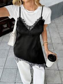 SHEIN PariChic Áo nữ cổ tròn tay ngắn kiểu 2 trong 1 viền ren vạt bất đối xứng ôm sát - Đen và trắng - Xem 6