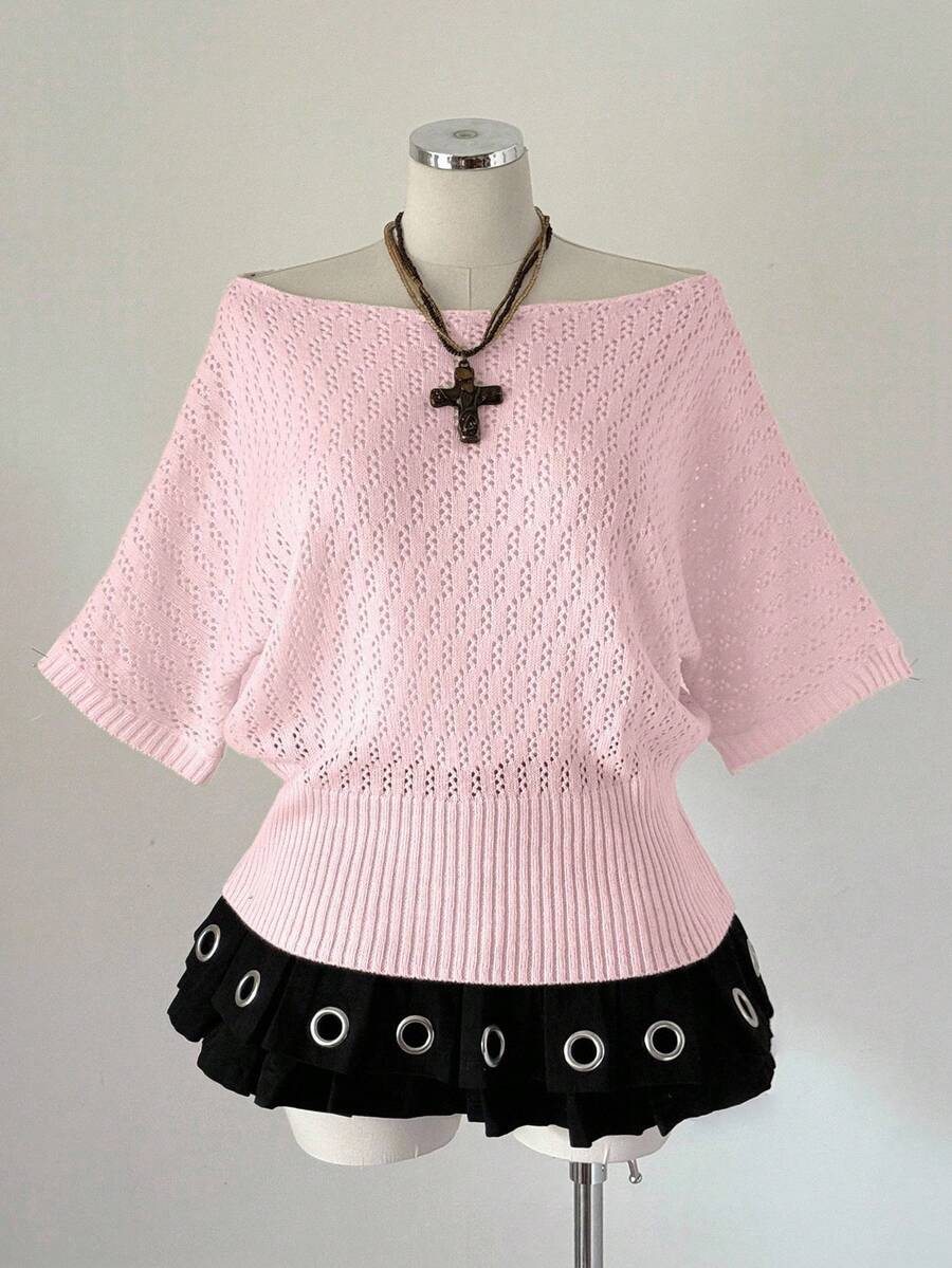 Sweetra Plus Size Women's Fashionable Elegant Dark Style Y2K Short Sleeve Knit Top, Suitable For Spring, Summer And Autumn Wear, Suitable For Commuting - Baby Pink - View 1