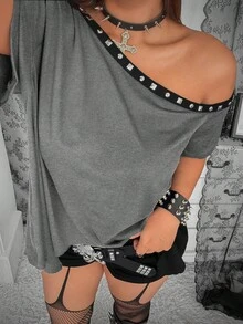 Whyspr Camiseta holgada de hombros descubiertos con bajo asimétrico para tallas grandes - Gris - Ver 8