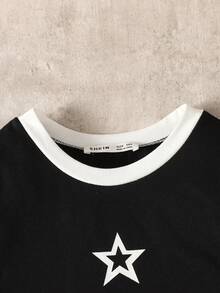 SHEIN 少女黑白拼接撞色五角星印花针织修身休闲连衣裙 - 黑色 - 查看 4
