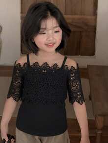 Dazy Kids Camiseta de hombros descubiertos con encaje en contraste para niña - Negro - Ver 4