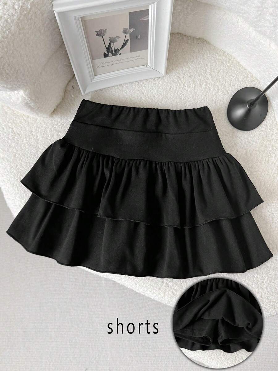 SHEIN Young Girl Knitted Solid Color Cute Ruffle Layered Built-In Shorts Mini Skirt,Black Skirts For Girls,Kids,Plain - Black - View 1