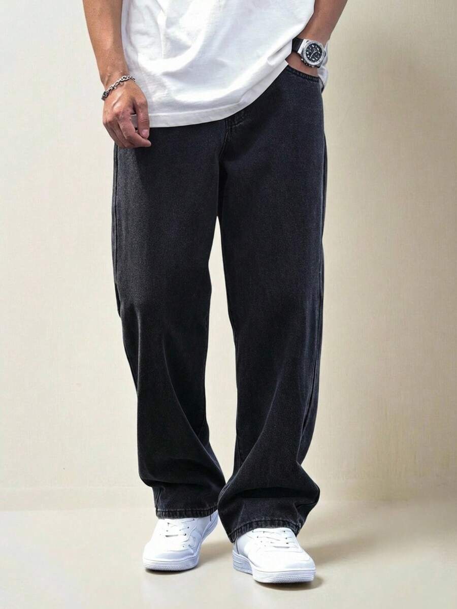 RONVEXI Men Solid Color Casual Fashion Loose Fit Baggy Jeans - Grey - View 1