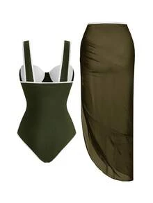 Women's Solid Color One Piece Swimsuit + Skirt, Spring/Summer Outfit - Army Green - View 2