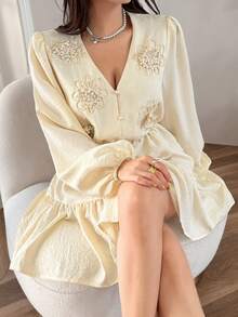 Feyla Women's Elegant Floral Print V-Neck Lantern Sleeve Tassel Belted Ruffle Hem Vacation Dress, Spring/Autumn - Yellow - View 5