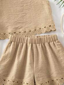 SHEIN Conjunto de top casual sin mangas con cuello redondo y volantes de unicolor para niñas, verano - Albaricoque - Ver 7