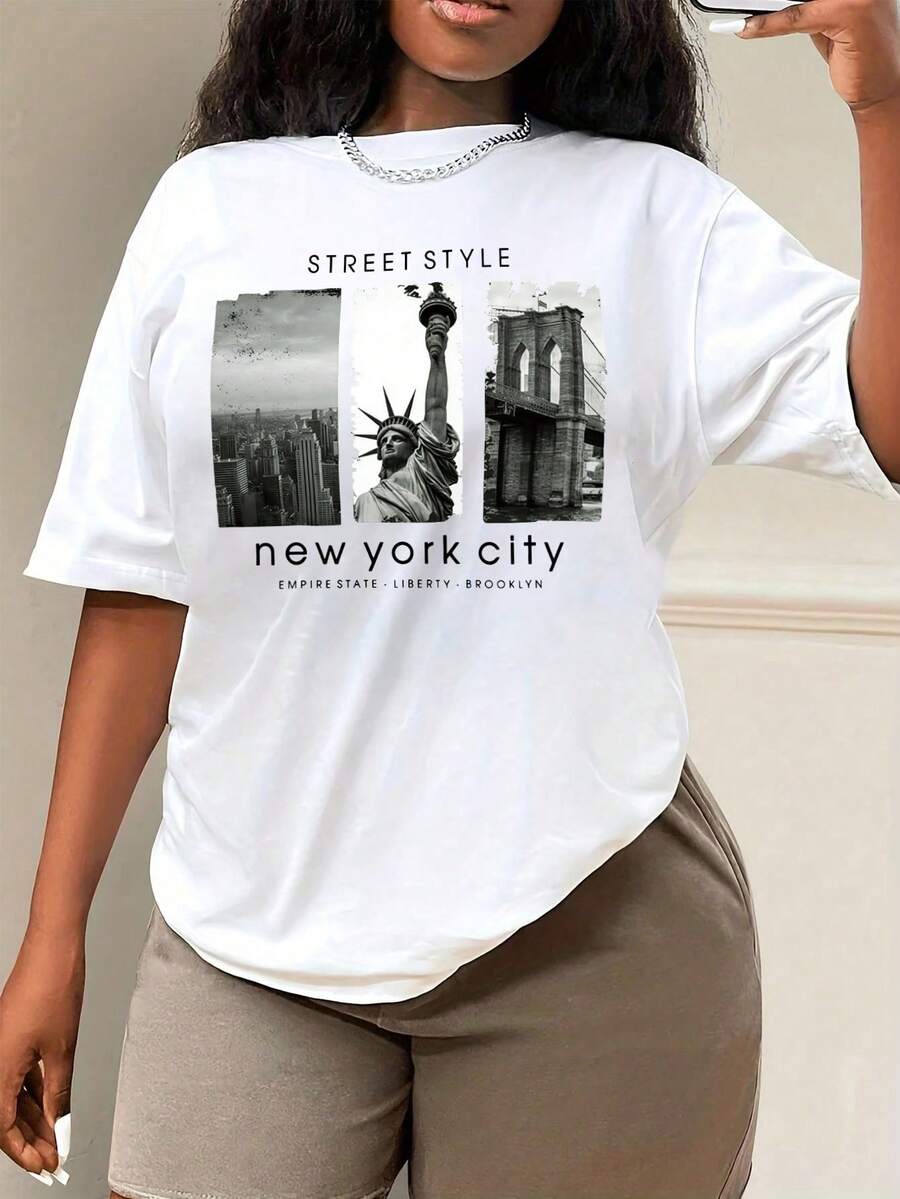 SHEIN Landscape & Letter Print Short Sleeve T-Shirt For Summer STREET STYLE New York City EMPIRE STATE LIBERTY BROOKLYN Graphic Tees Women Tops - Light Grey - View 1