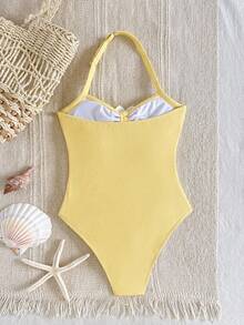 SHEIN Tween Girl Halter Textured Floral Decor One-Piece Swimsuit,Flower Bathing Suits,Yellow Swimwear,One Piece Swim Swimsuits - Yellow - View 2