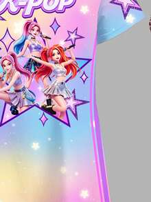 活力扎染星星图案，韩流卡通女孩印花休闲简约短袖连衣裙，适合春夏日常穿着、外出和度假。 - 彩色 - 查看 7