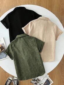 SHEIN 3pcs Tween Boy Loose Casual Versatile Mandarin Collar Patch Woven Short Sleeve Shirt Set, Suitable For School, Gatherings, Parties, And Outings - Army Green - View 2