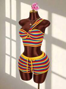 Amplova Women's Striped Twist Knot Sleeveless Top And Shorts 2 Pieces Set, Vacation - Multicolor - View 4