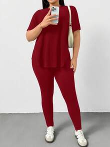 Shapeblank Bộ đồ thể thao nữ cỡ lớn mùa xuân hè, thoải mái, cơ bản, đa năng, tôn dáng, gồm áo thun ngắn tay và quần legging màu đen, set hai mảnh, trang phục đường phố, trang phục sân bay, trang phục mùa hè cho nữ, trang phục đi chơi, phong cách Y2K, phong cách tối giản, trang phục đi nhà thờ cho nữ. - Đỏ - Xem 5