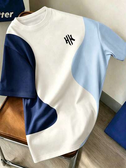 Manfinity Joysei Áo thun ngắn tay unisex in chữ NY phối màu không đều, cổ tròn, thiết kế độc đáo, áo thun casual, áo đôi tay ngắn, phù hợp cho đi làm hàng ngày và mặc thường ngày mùa hè.