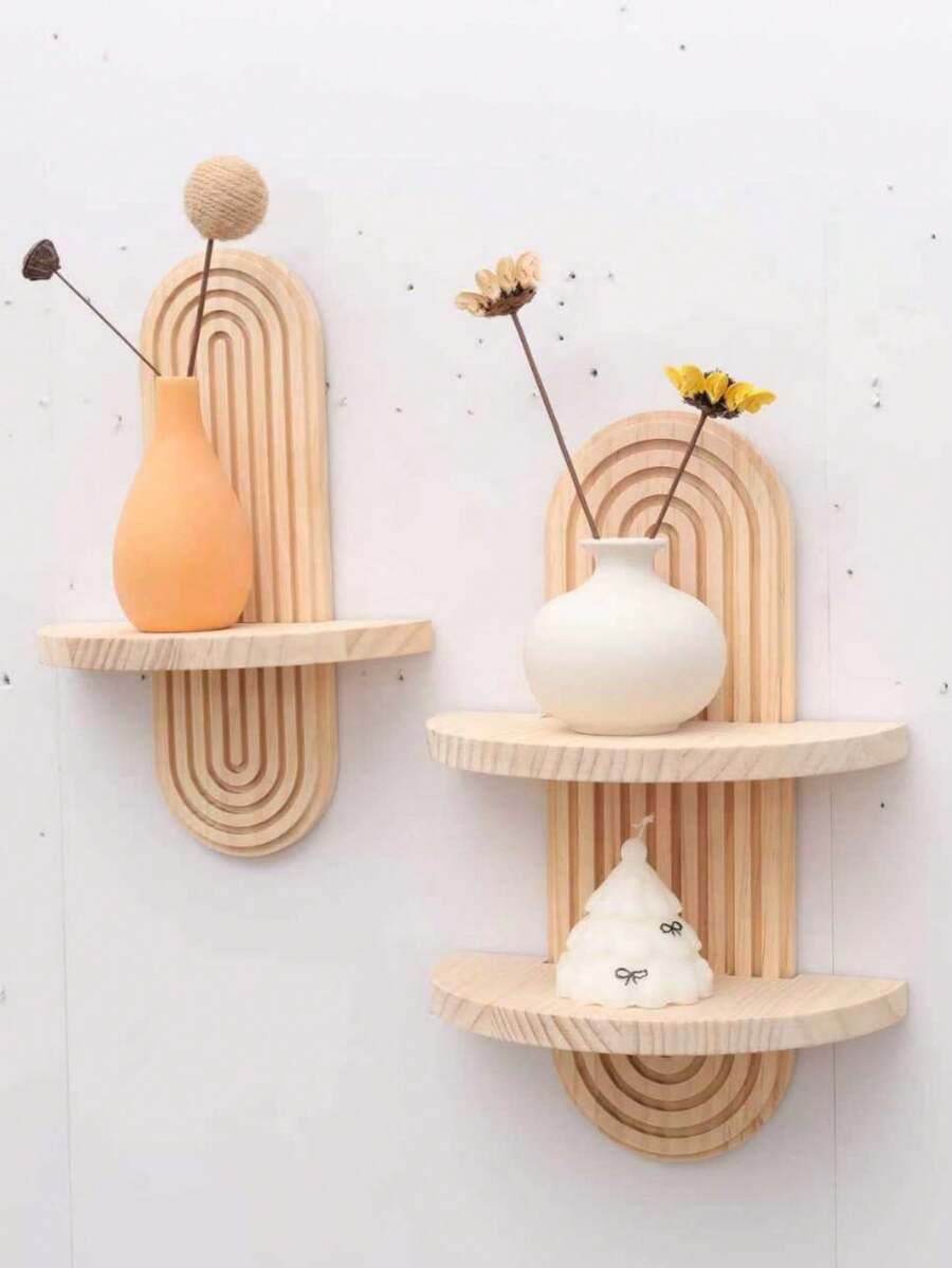 1-2 Tier Modern Arched Minimalist Wooden Wall-Mounted Shelf, Geometric Hanging Flower Pot Rack, Plant Rack, Plant Propagation Rack, Wall Art Candlestick, Crystal Treasure Display Rack, Suitable For Bedrooms, Living Rooms, Kitchens, Housewarming Gifts. - Multicolor - View 1