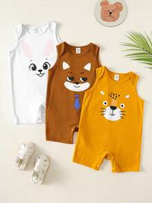SHEIN 3pcs Newborn Unisex Baby Clothes, Cute Summer Knitted Cartoon Animal Rabbit Fox Pattern Sleeveless Romper, Multi-Color - Multicolor - View 9
