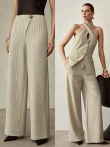 MOTF PREMIUM 女士条纹金属纽扣休闲裤 - 杏色 - 查看 1