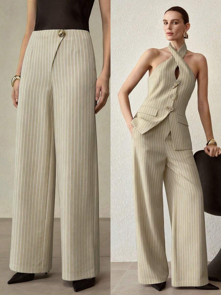 MOTF PREMIUM 女士条纹金属纽扣休闲裤 - 杏色 - 查看 1