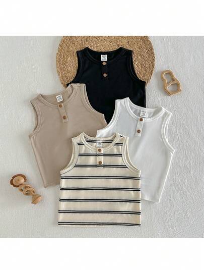 Loomiva Bộ 4 món áo len không tay cổ tròn khóa kéo nửa thân màu trơn mềm mại cho bé trai