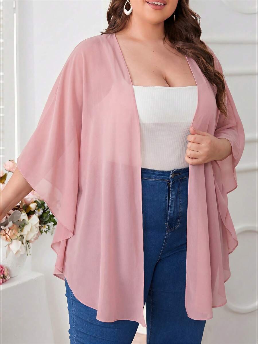 SHEIN CURVE+ Áo kimono lưới xuyên thấu màu trơn dành cho nữ cỡ lớn - Hồng - Xem 1