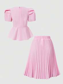 Elegant Square Collar Puff Sleeve Set, Suitable For Daily Wear, Parties And Outings - Pink - View 2