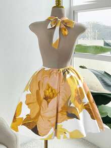 Sweetra Plus Size Women Floral Print Halter Tie Backless Sexy Vacation Dress - Light Yellow - View 2