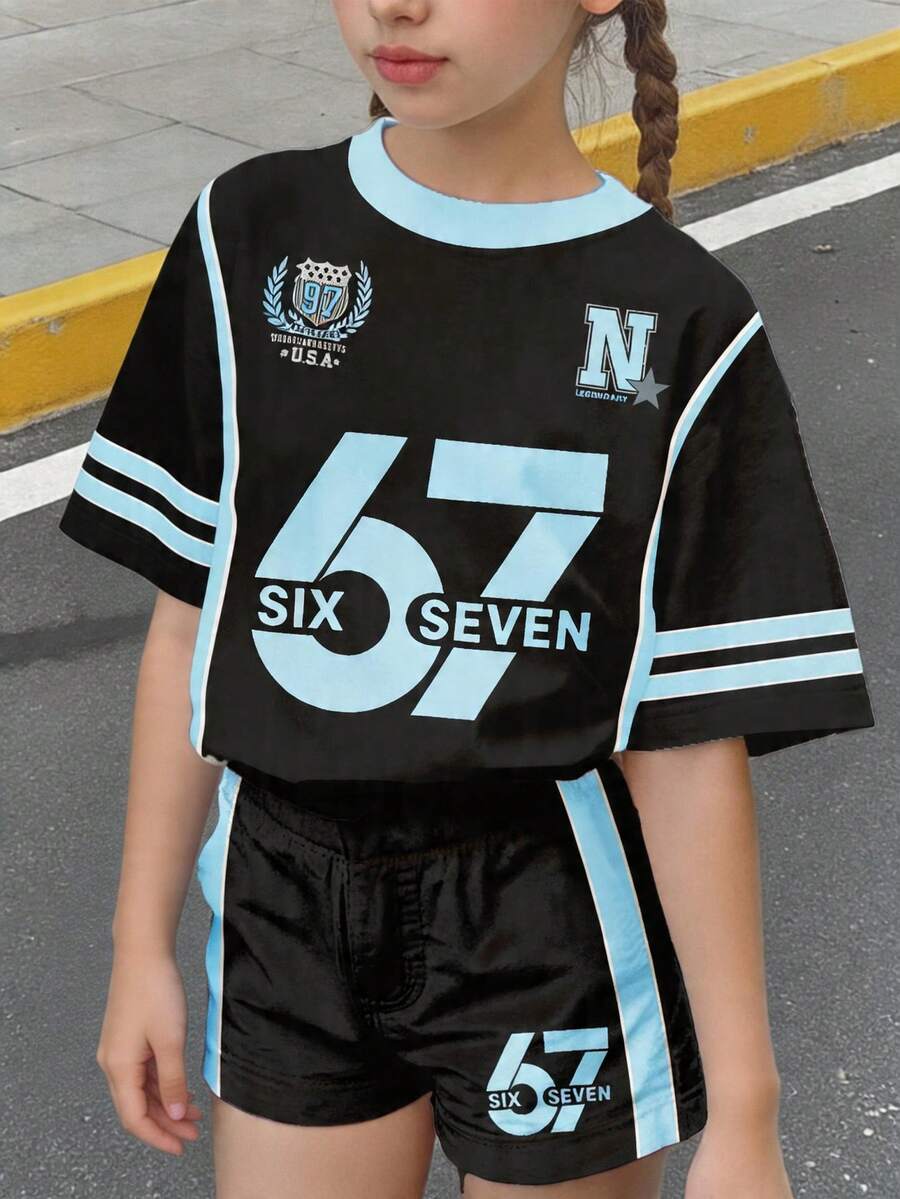 两件套少女休闲简约数字67印花短袖上衣和短裤套装,适合夏季穿着 - 彩色 - 查看 1
