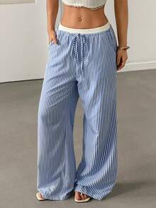 SHEIN 女士条纹系带腰袋阔腿裤 - 藍色 - 查看 4
