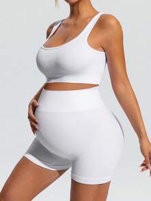SHEIN Maternity Solid Color Cropped Tank Top And Sports Shorts Set,Word Cup - White - View 8