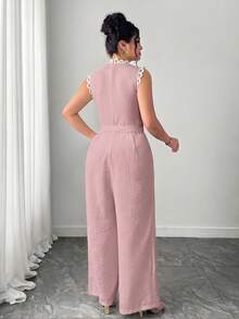 SHEIN Clasi Plus Size Women New Elegant Casual Minimalist Contrast Lace Jumpsuit For Vacation - Dusty Pink - View 2