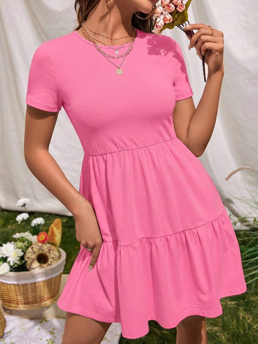 SHEIN VCAY 女士休闲短袖纯色针织连衣裙,夏季 - 粉色 - 查看 1