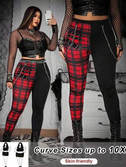 SHEIN CURVE+ Quần legging cỡ lớn kiểu Punk kẻ caro phối họa tiết đục lỗ, cạp chun, thích hợp cho mùa xuân/hè.