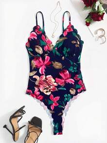 SHEIN Privé 女士度假风印花弧形下摆连体衣 - 藏蓝色 - 查看 1