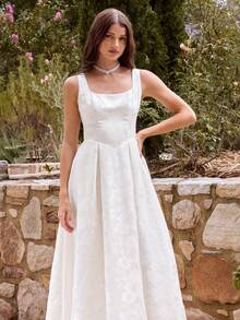 Enchnt Vestido midi sin mangas con escote cuadrado y recortes para mujer - Albaricoque - Ver 5