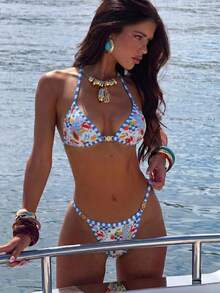 Bộ bikini hai mảnh buộc dây phía trước in hình trái cây, phong cách nghỉ dưỡng tươi mát. - Nhiều màu - Xem 1