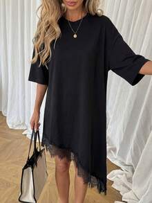 SHEIN LUNE Đầm nữ màu trơn, phối ren, dáng suông, thời trang mùa hè, đi làm, đi chơi, tay ngắn, vạt bất đối xứng, dài đến đầu gối, đầm đen bất đối xứng, đầm hè cho nữ. - màu đen - Xem 5