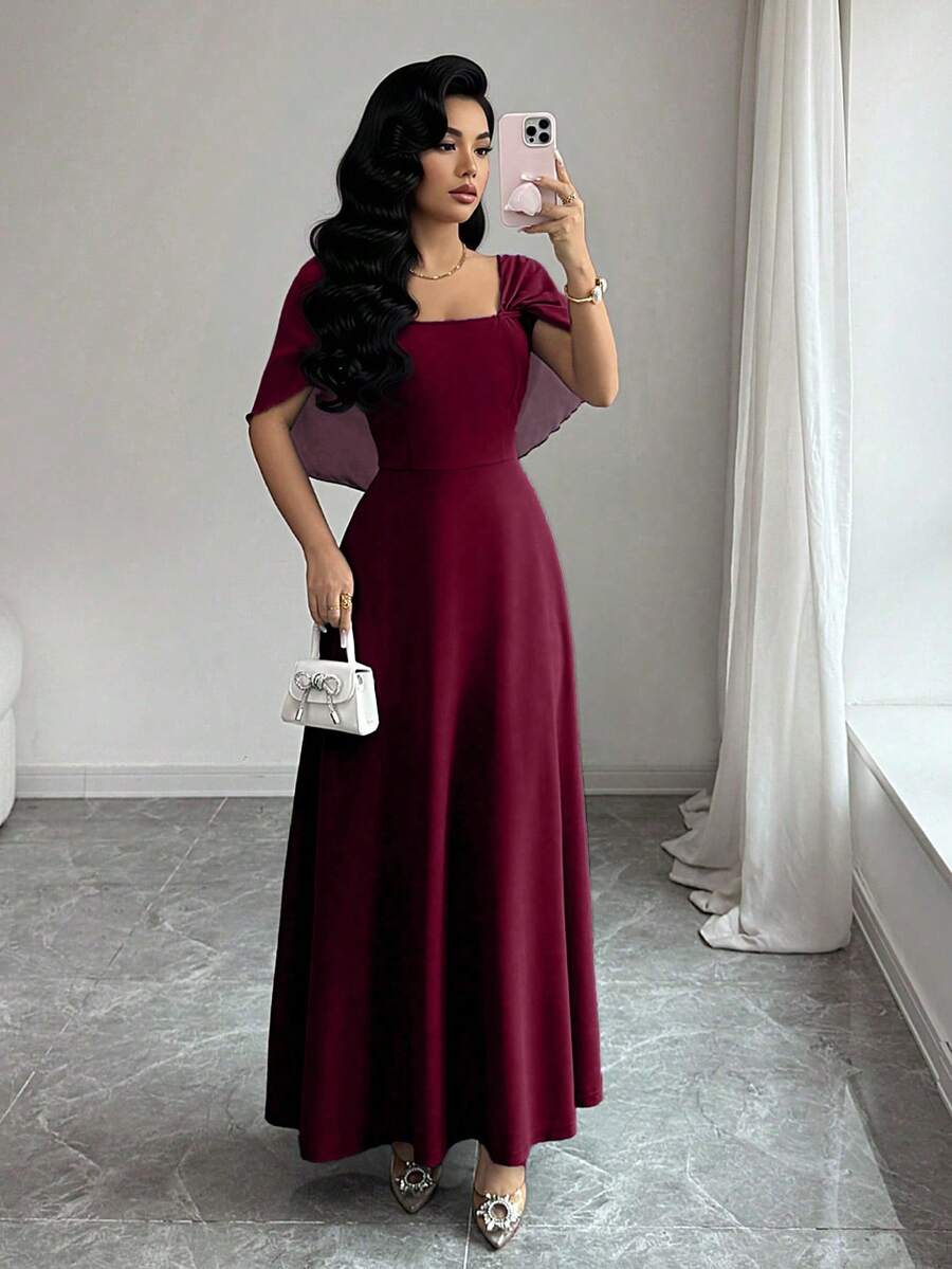Modelyn Women's Square Neck Waist Gathered A-Line Long Dress, Elegant Romantic Everyday Wear - Burgundy - View 1