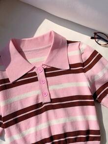 Comfortcana 女款粉色與白色條紋 Polo 領短袖休閒針織上衣，夏季可愛返校風優雅度假 Y2K 上衣 - 彩色 - 查看 5