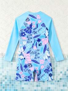 SHEIN Áo tắm liền thân tay dài cổ tròn, in họa tiết hoa, khóa kéo nửa thân, dành cho bé gái tuổi teen, thích hợp cho kỳ nghỉ biển. - Màu xanh lam - Xem 2