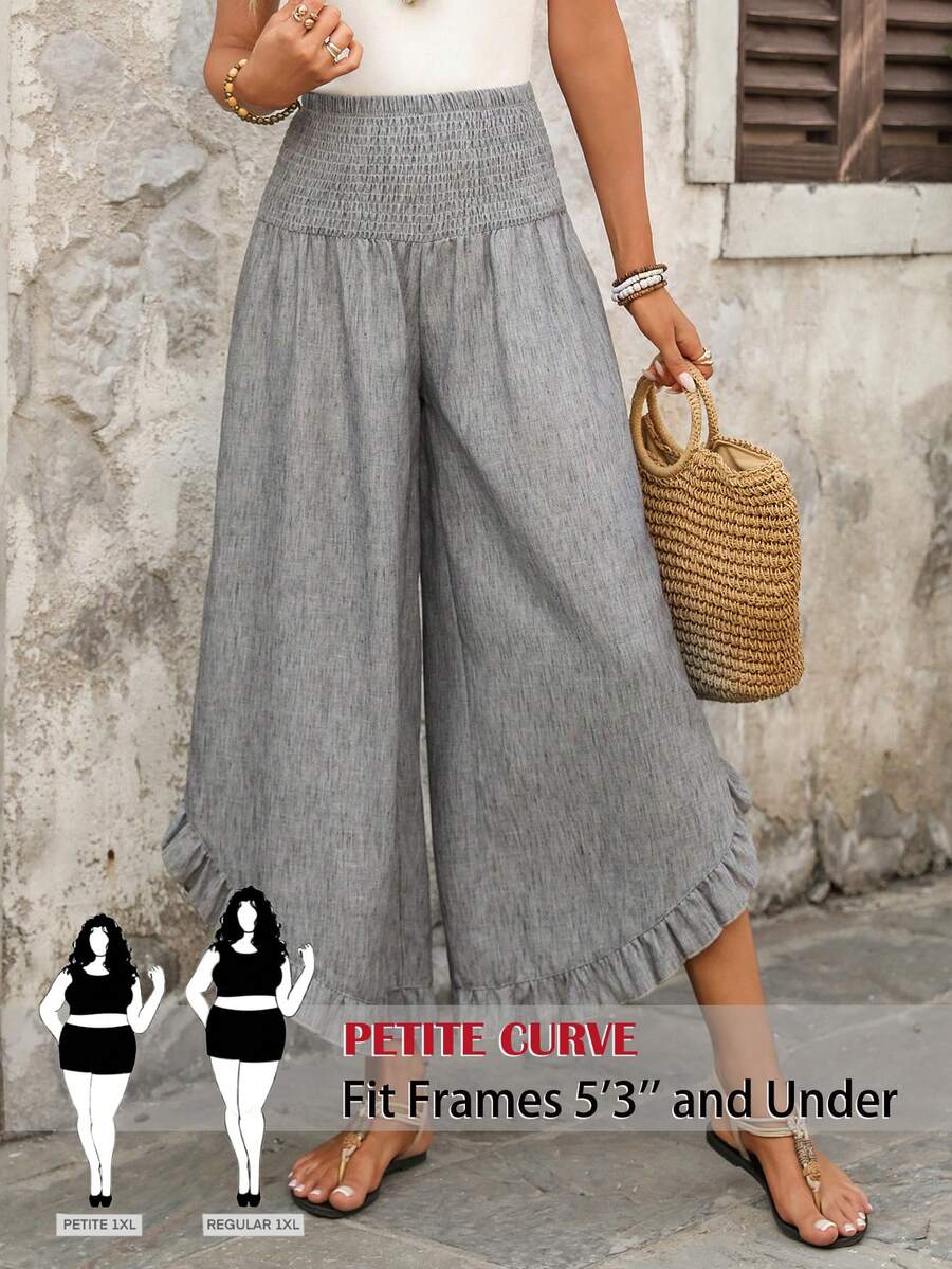 SHEIN PETITE CURVE 大码女式休闲荷叶边高腰纯色长裤，夏季户外休闲裤，夏季度假宽松裤 - 灰色 - 查看 1