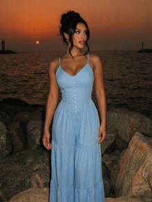Swim SXY 2026 New Spring/Summer Vacation Style Casual & Elegant Spaghetti Strap Design With Front Button Decor & Waist Cinched Wide Leg Loose Jumpsuit For Women - Blue - View 6