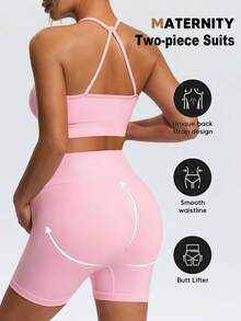 SHEIN Maternity Casual Solid Color Tight Camisole And Shorts Set, Summer - Pink - View 2