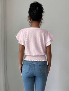 Selianne Áo thun nữ tay ngắn cổ tròn viền bèo nhún phong cách thường ngày đi nghỉ mát - Màu Hồng baby - Xem 2