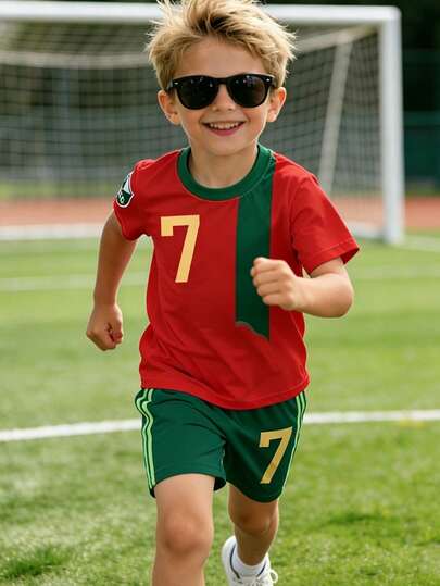 1 Set Toddler Boys' Casual Sports 2-Piece Set, Number 7 Print T-Shirt Red Short Sleeve & Green Shorts, Suitable For Outdoor Daily Play & Sports, Spring/Summer