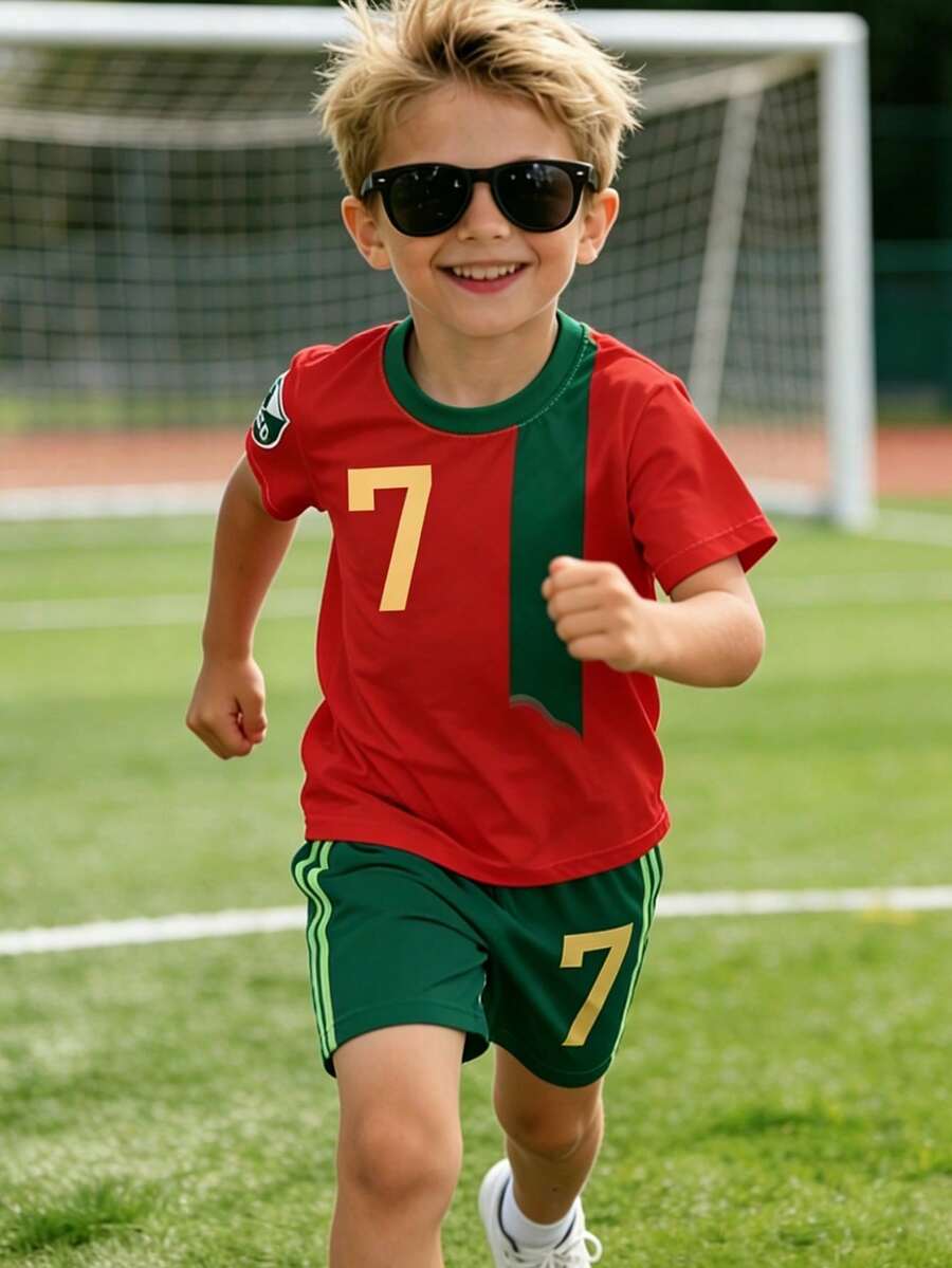 一套幼儿男童休闲运动两件套，7号印花红色短袖T恤和绿色短裤，适合户外日常玩耍和运动，春夏款