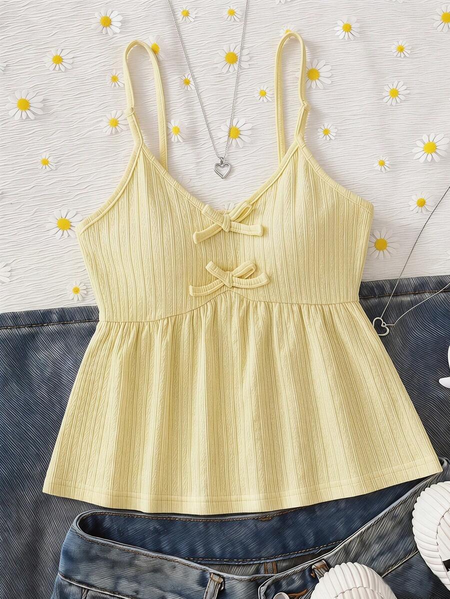 Girls' Bowknot Hollow Out Camisole, Fashionable Summer Casual Outfit - Yellow - View 1