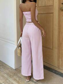 SHEIN SunnyBelle Bộ đồ nữ gồm áo quây và quần cạp cao kẻ sọc vàng, ôm dáng, thời trang, đa năng, phù hợp cho dạo phố, đi nghỉ mát, mùa xuân/hè. - Màu tím hoa cà - Xem 2