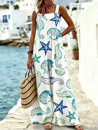 Balvessa Women's Vacation Casual Starfish, Seashell, Seahorse Print Jumpsuit