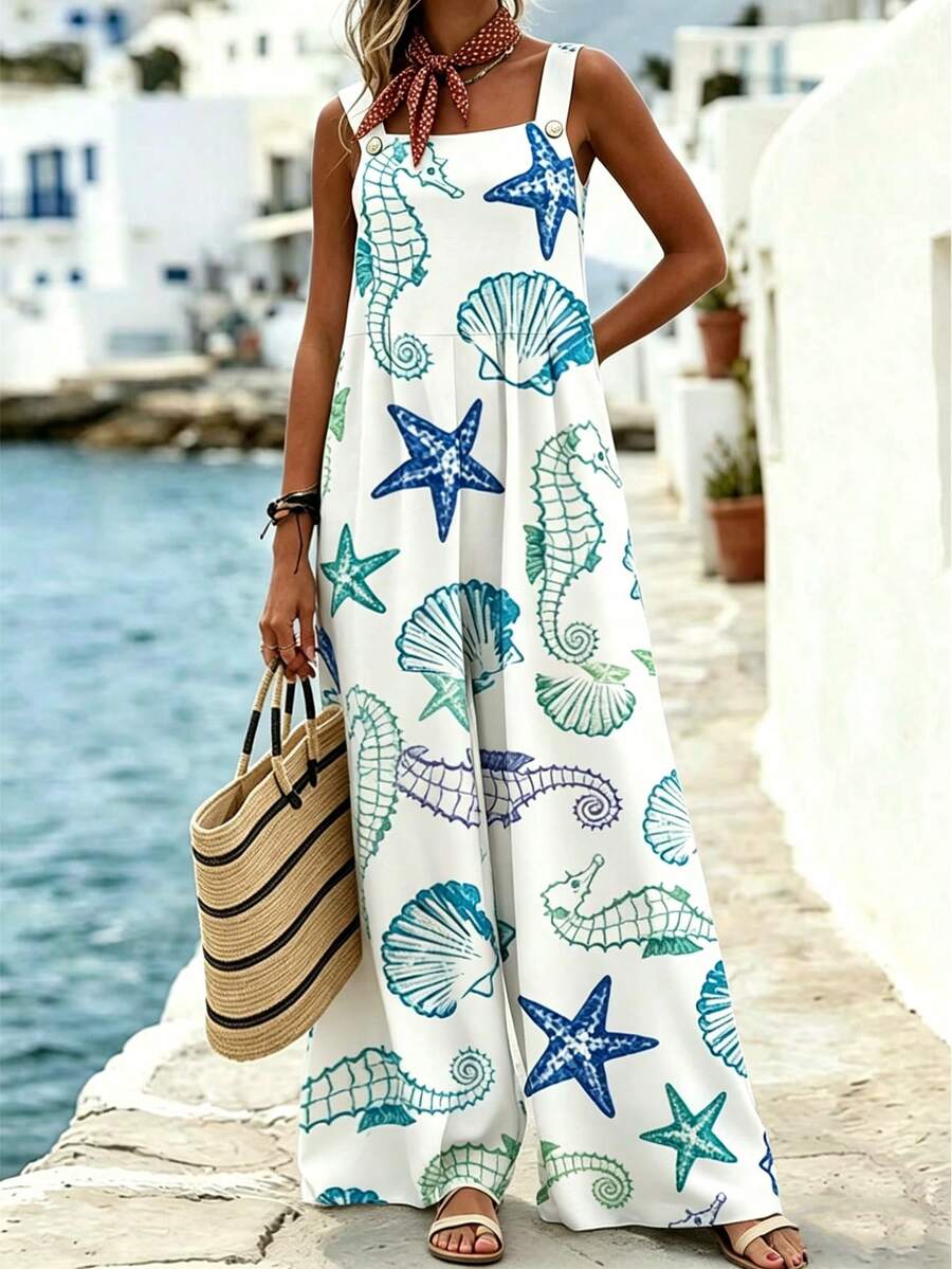 Balvessa Women's Vacation Casual Starfish, Seashell, Seahorse Print Jumpsuit - Multicolor - View 1