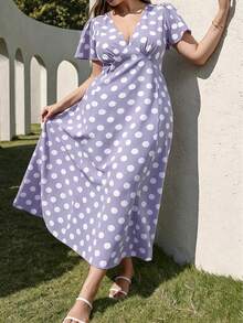 Juhart Large Polka Dot Deep V-Neck Ruffle Sleeve Vacation Dress - Mauve Purple - View 5