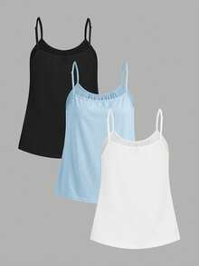 Tseoso 3pcs 95% Cotton Women Pleated Loose Camisole Adjustable Strap, Suitable For Spring & Summer,Summer Top - Multicolor - View 2